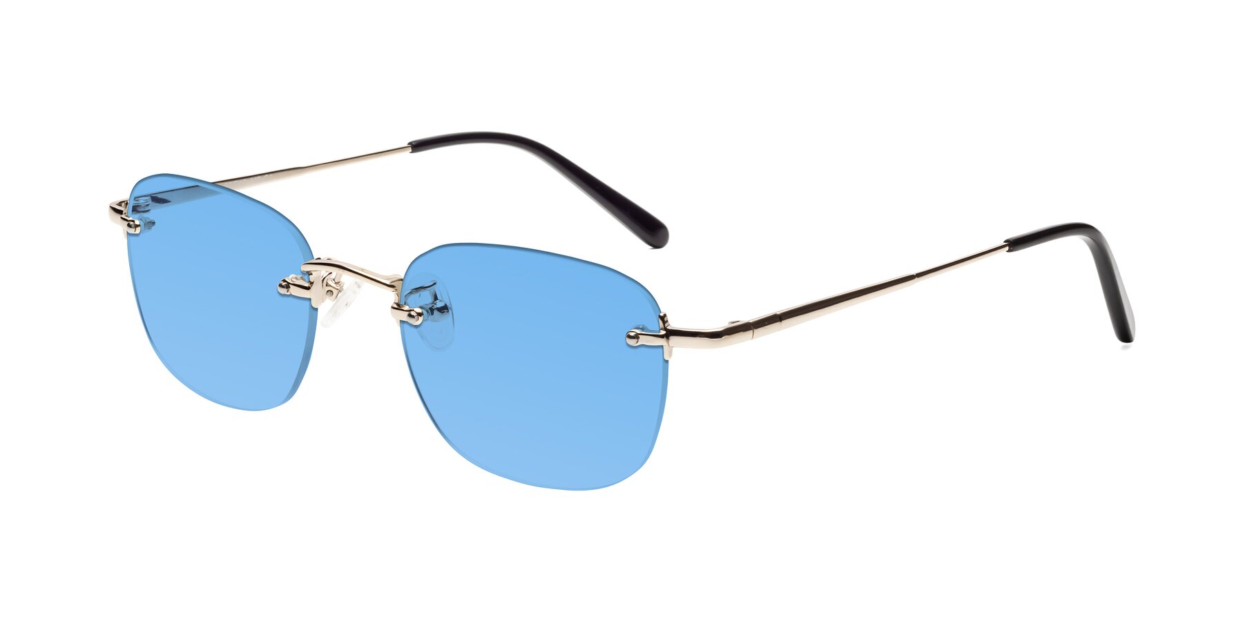 Angle of Leslie in Light Gold with Medium Blue Tinted Lenses