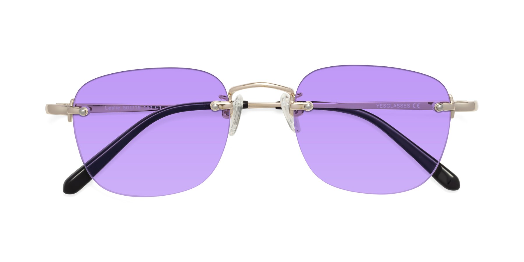 Folded Front of Leslie in Light Gold with Medium Purple Tinted Lenses