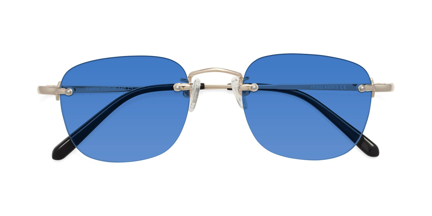 Folded Front of Leslie in Light Gold with Blue Tinted Lenses