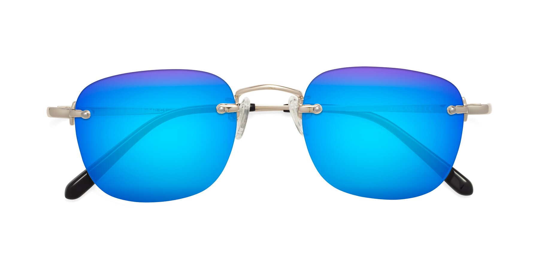 Folded Front of Leslie in Light Gold with Blue Mirrored Lenses