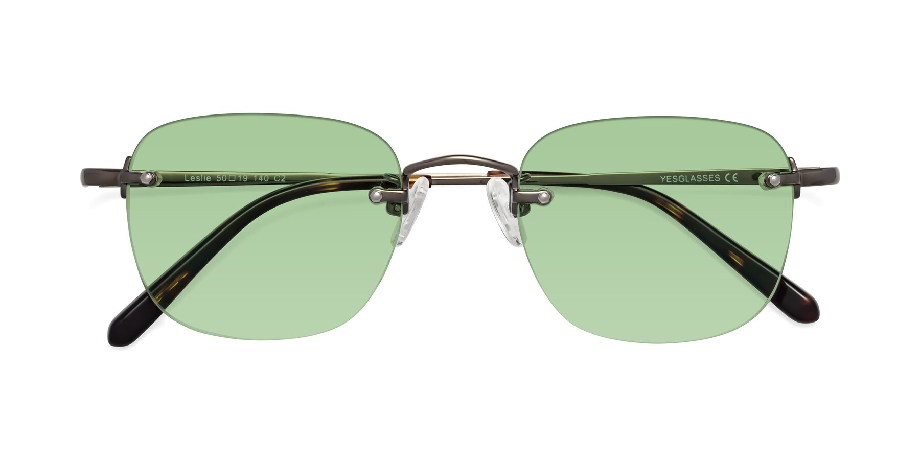 Folded Front of Leslie in Gunmetal with Medium Green Tinted Lenses