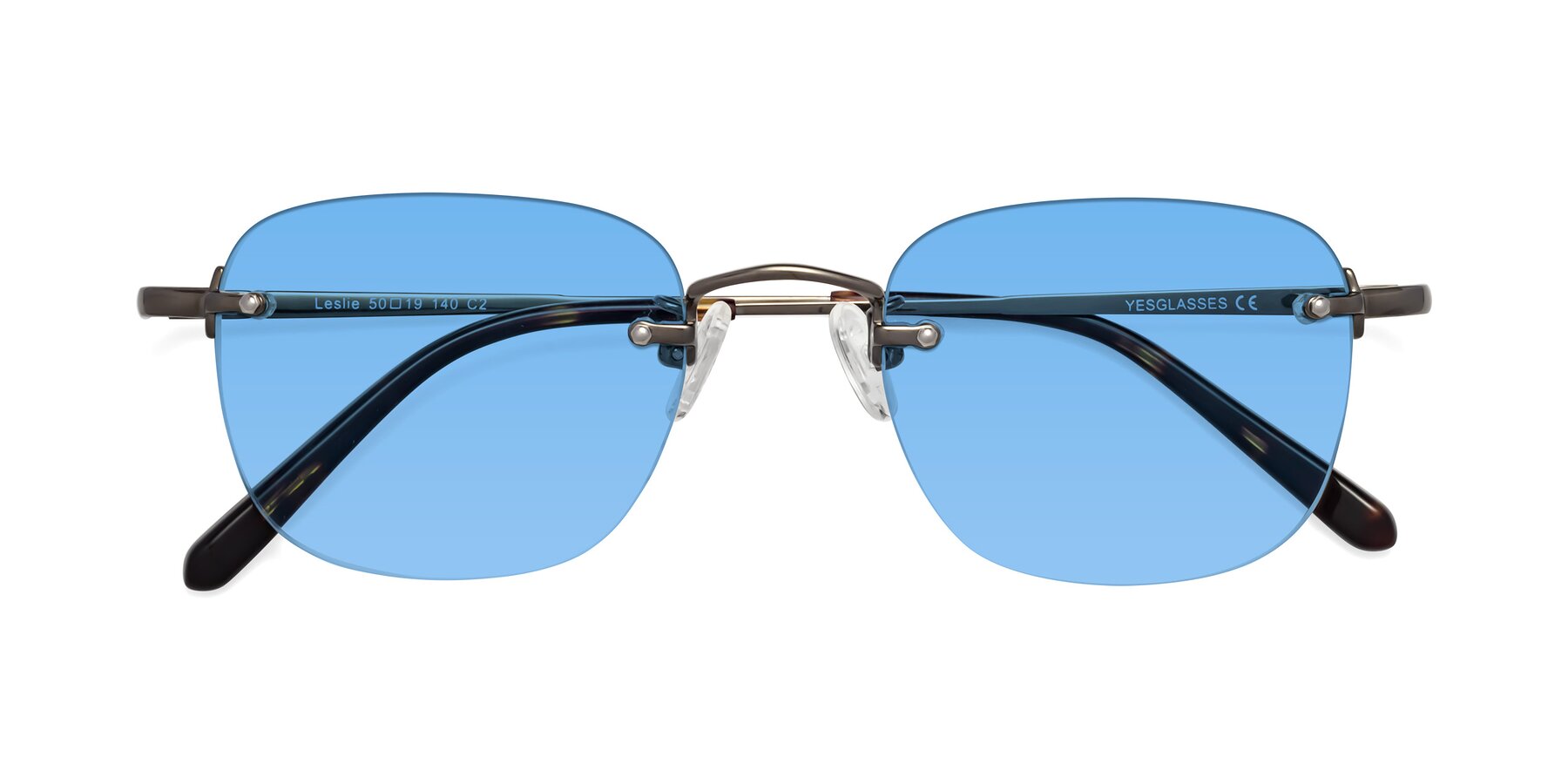 Folded Front of Leslie in Gunmetal with Medium Blue Tinted Lenses