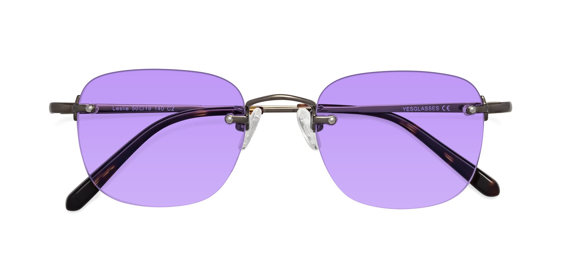 Folded Front of Leslie in Gunmetal with Medium Purple Tinted Lenses