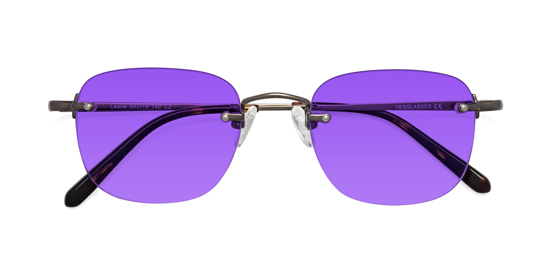 Folded Front of Leslie in Gunmetal with Purple Tinted Lenses