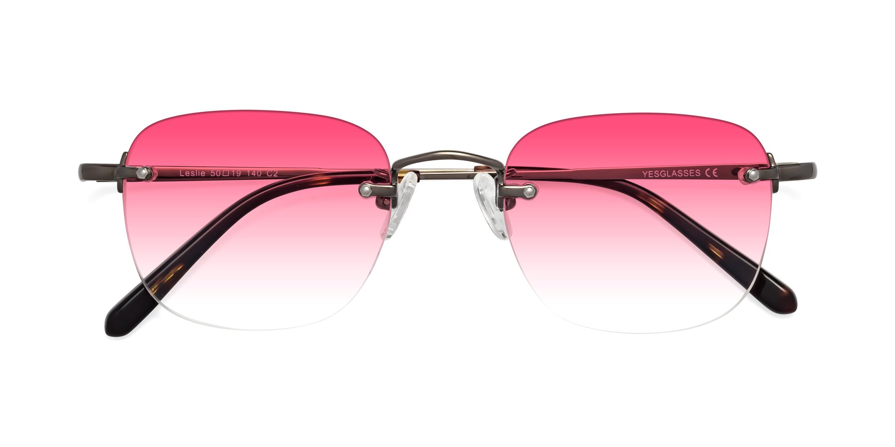 Folded Front of Leslie in Gunmetal with Pink Gradient Lenses