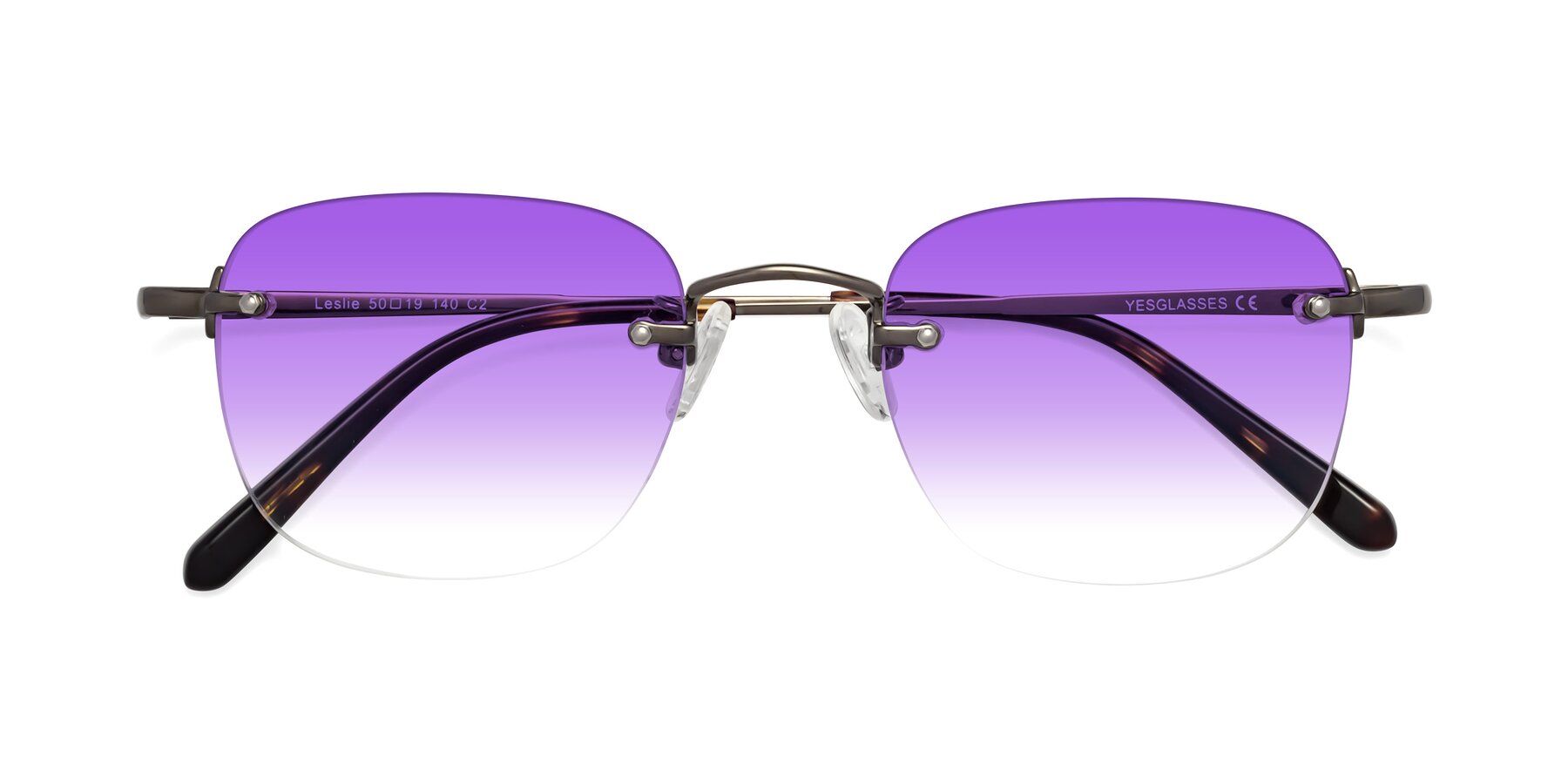 Folded Front of Leslie in Gunmetal with Purple Gradient Lenses