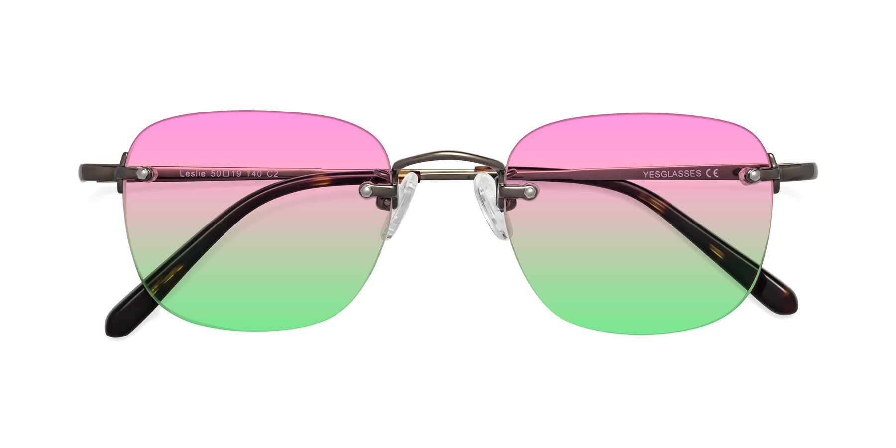 Folded Front of Leslie in Gunmetal with Pink / Green Gradient Lenses