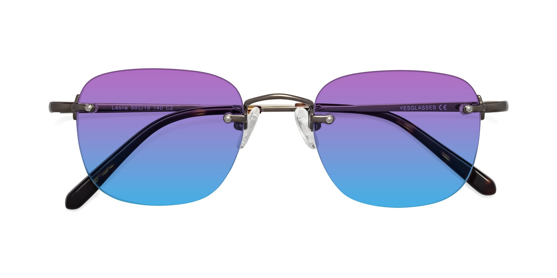 Folded Front of Leslie in Gunmetal with Purple / Blue Gradient Lenses