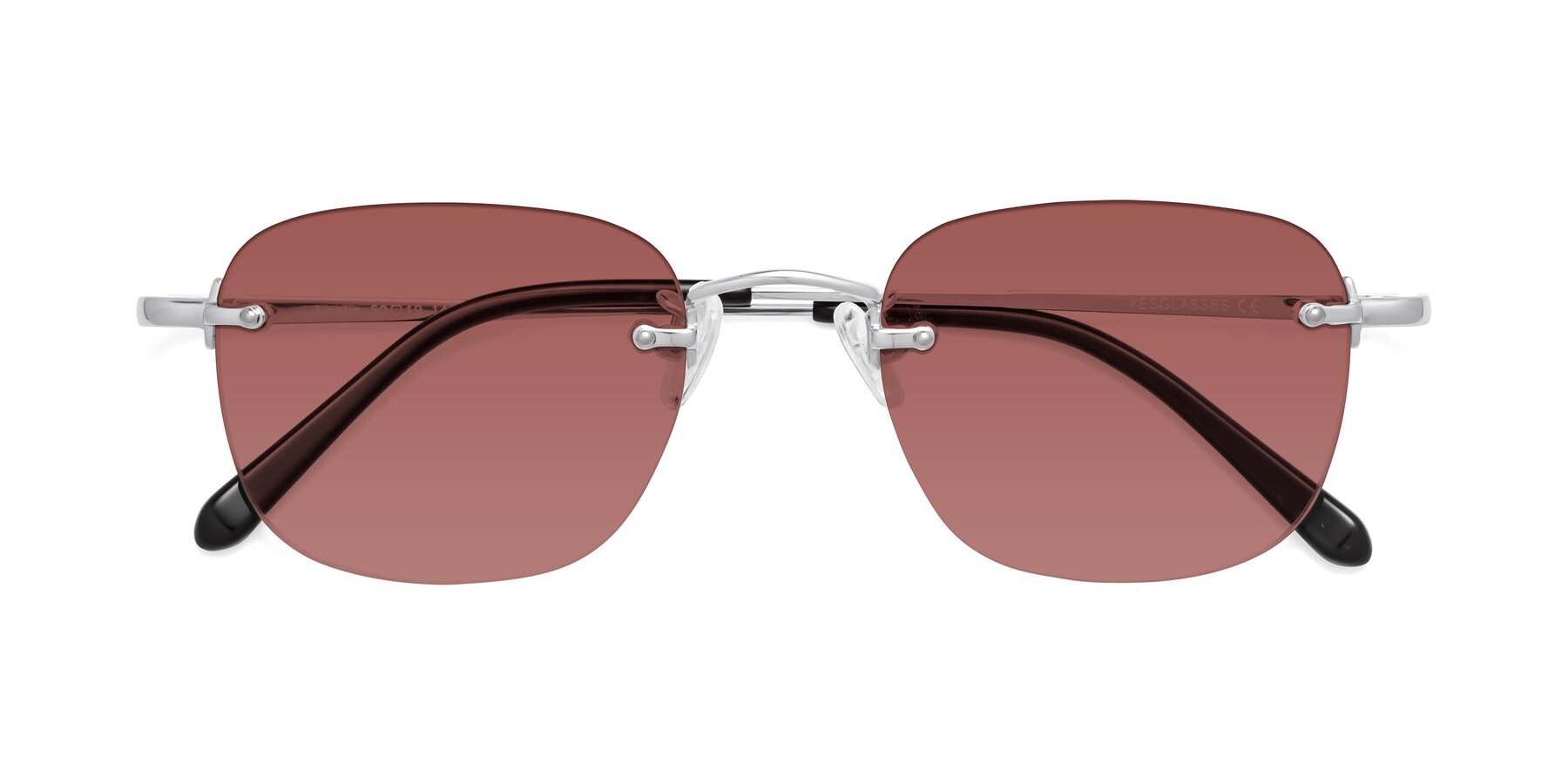 Folded Front of Leslie in Silver with Garnet Tinted Lenses