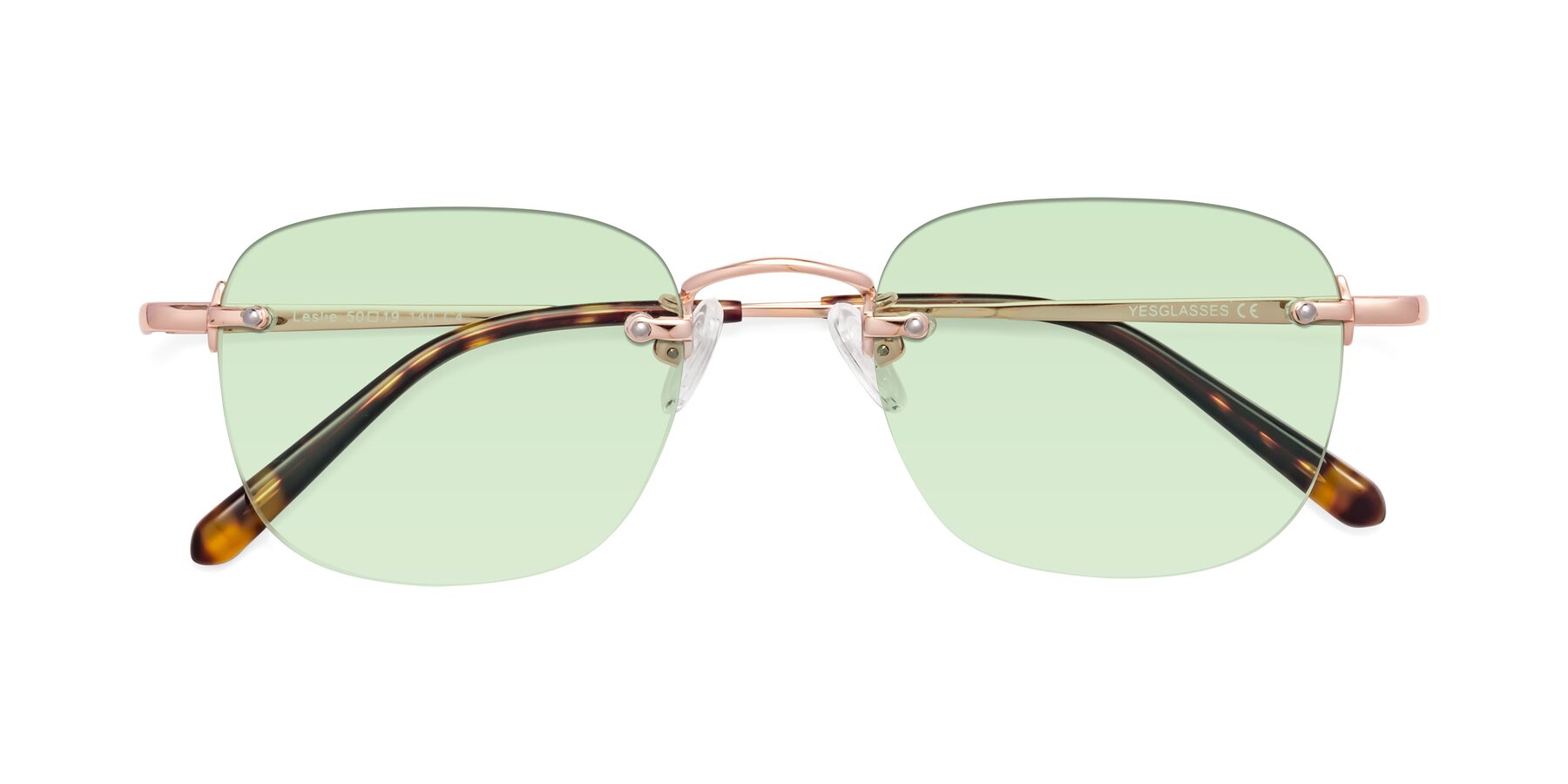 Folded Front of Leslie in Rose Gold with Light Green Tinted Lenses