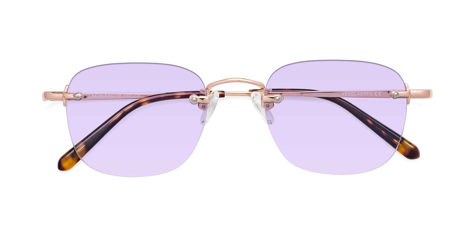 Folded Front of Leslie in Rose Gold with Light Purple Tinted Lenses