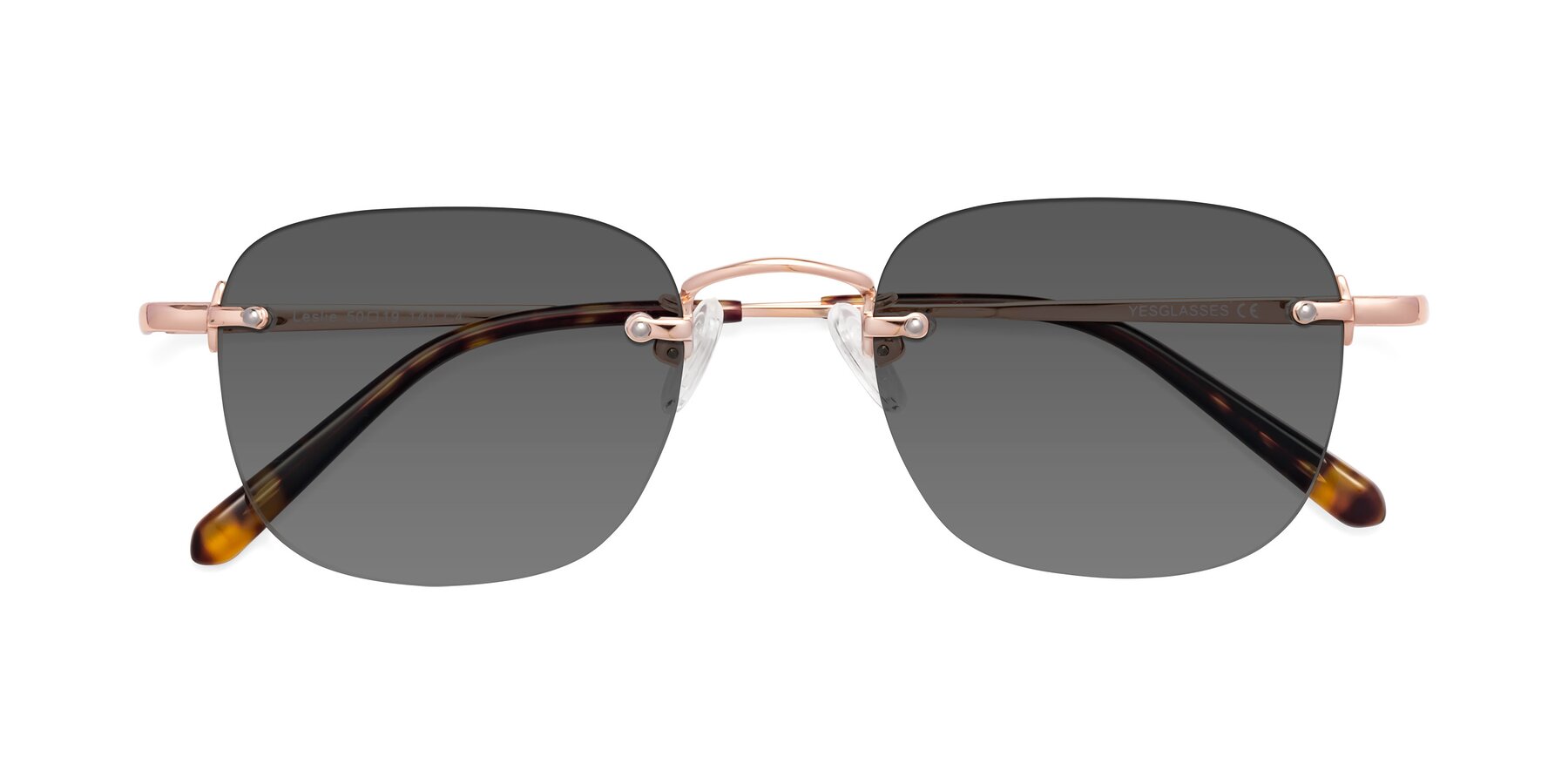 Folded Front of Leslie in Rose Gold with Medium Gray Tinted Lenses