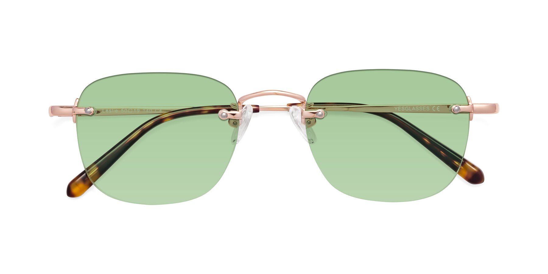 Folded Front of Leslie in Rose Gold with Medium Green Tinted Lenses