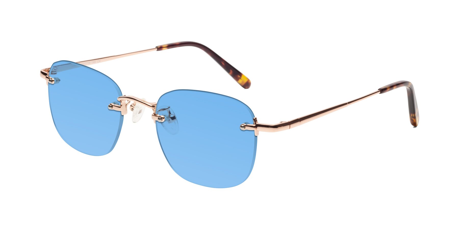 Angle of Leslie in Rose Gold with Medium Blue Tinted Lenses