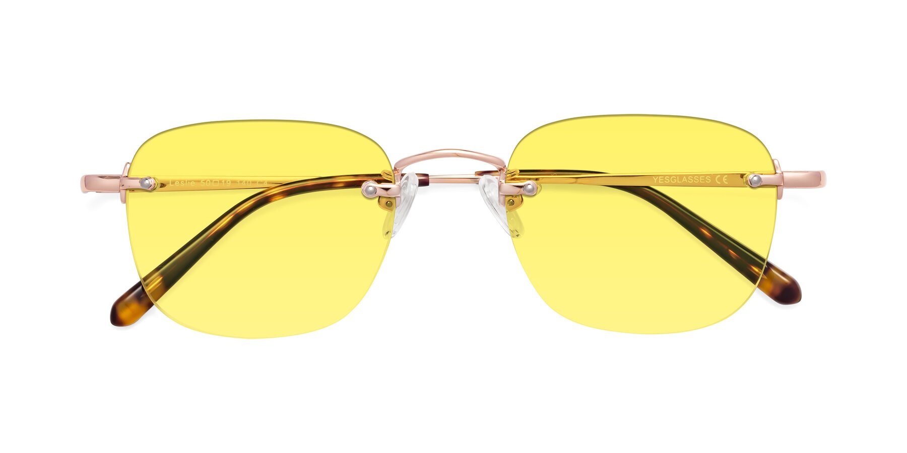 Folded Front of Leslie in Rose Gold with Medium Yellow Tinted Lenses