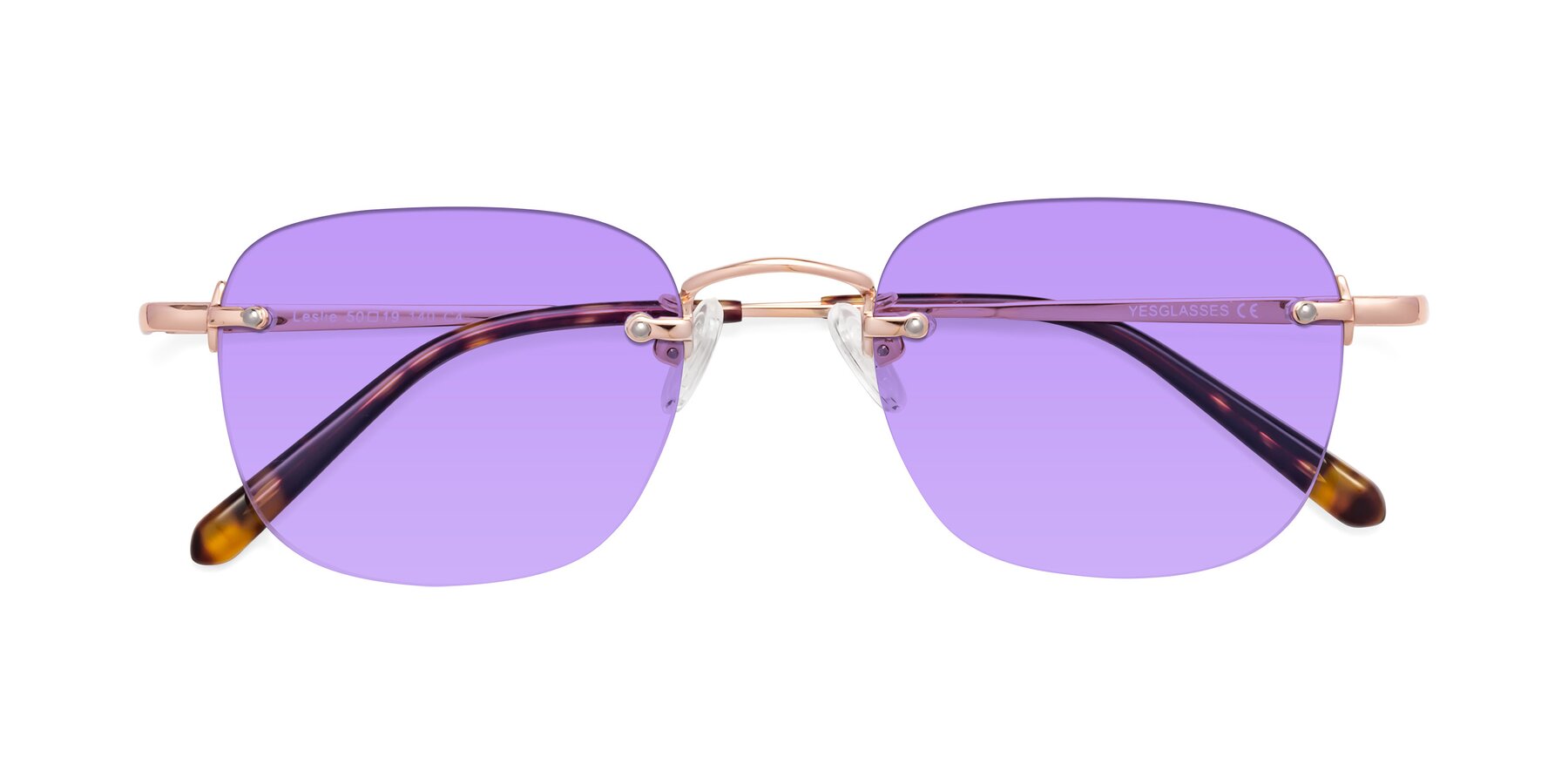 Folded Front of Leslie in Rose Gold with Medium Purple Tinted Lenses