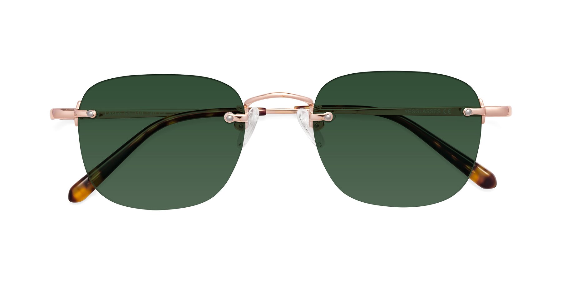 Folded Front of Leslie in Rose Gold with Green Tinted Lenses