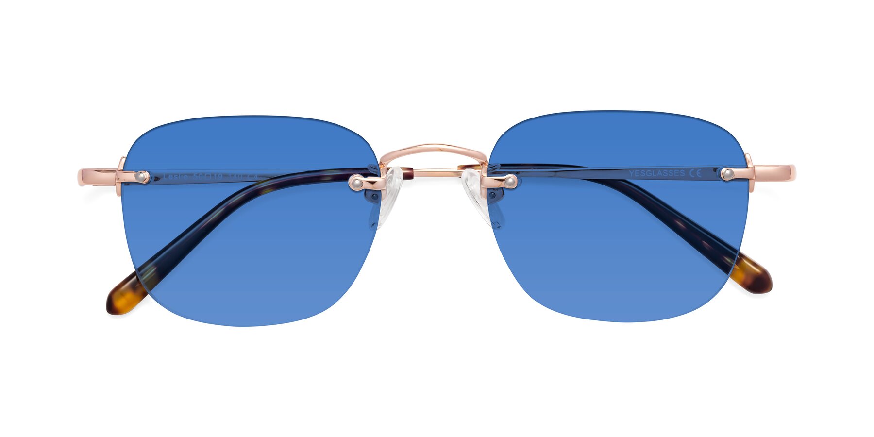 Folded Front of Leslie in Rose Gold with Blue Tinted Lenses