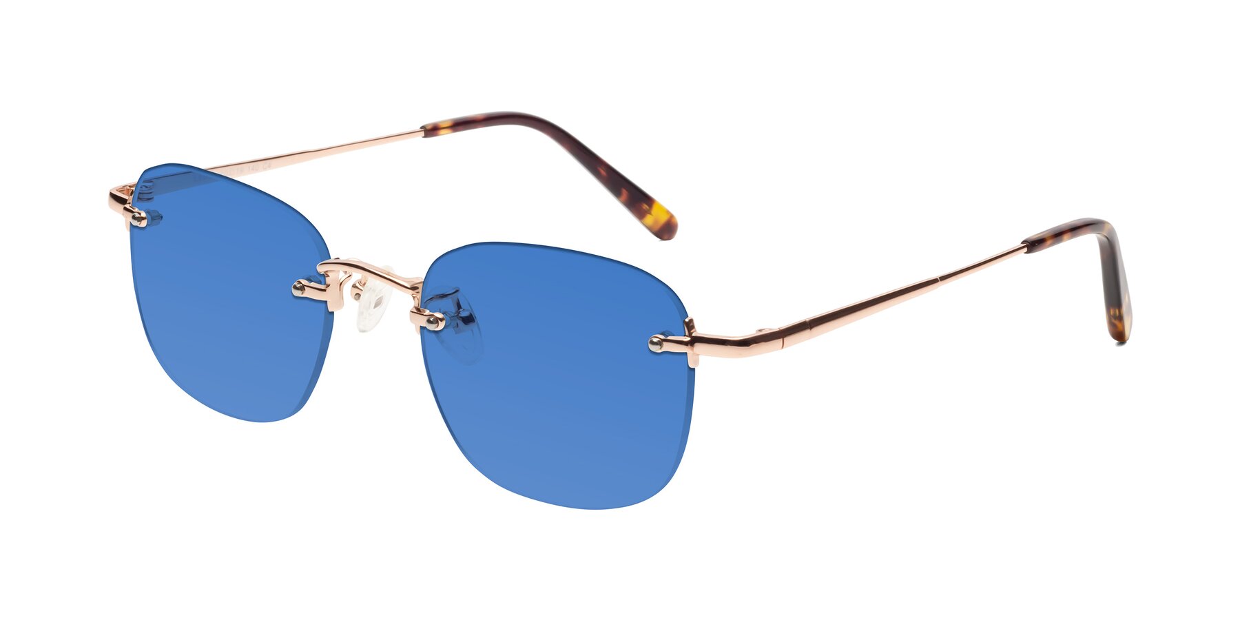 Angle of Leslie in Rose Gold with Blue Tinted Lenses