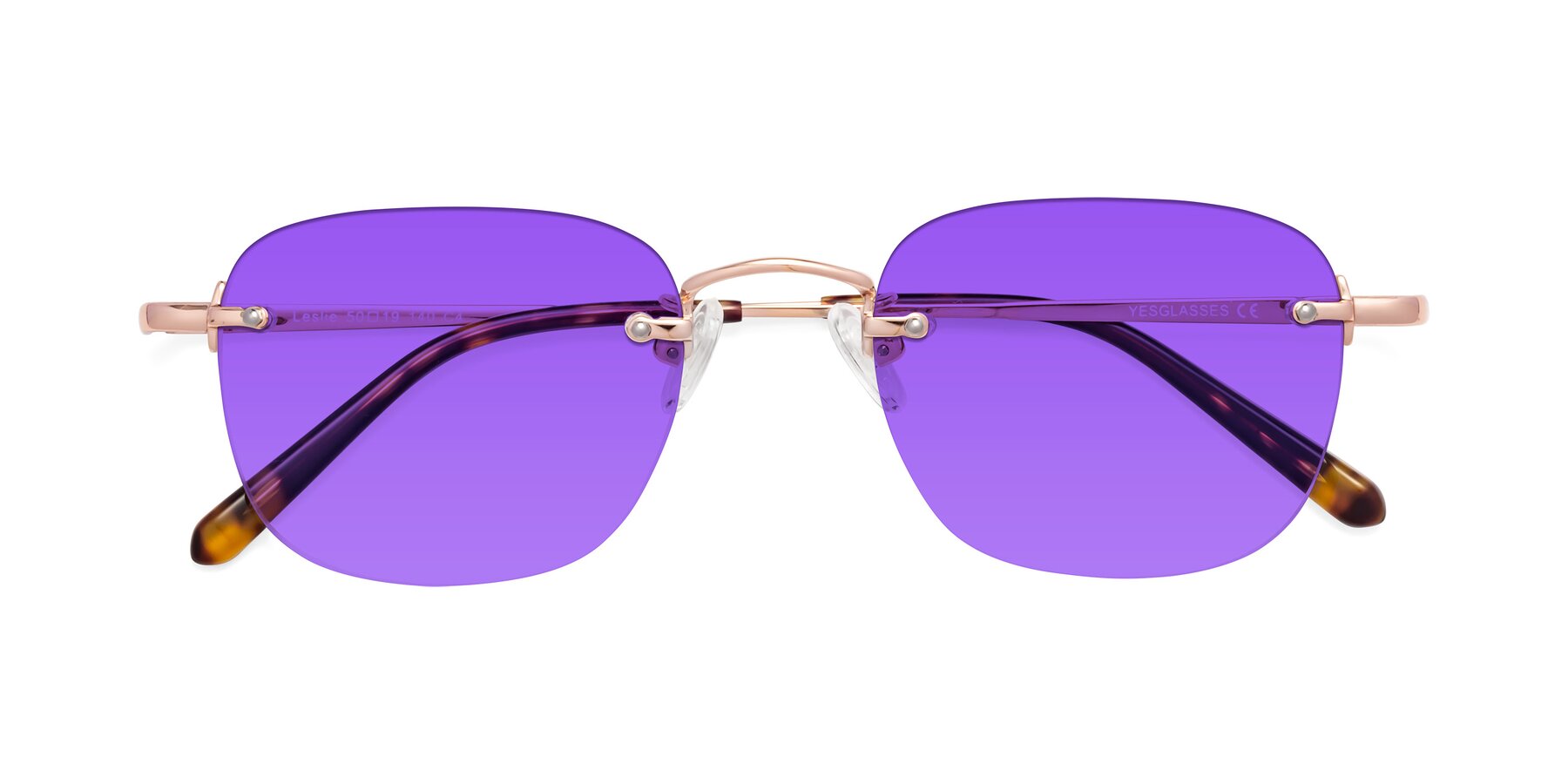 Folded Front of Leslie in Rose Gold with Purple Tinted Lenses