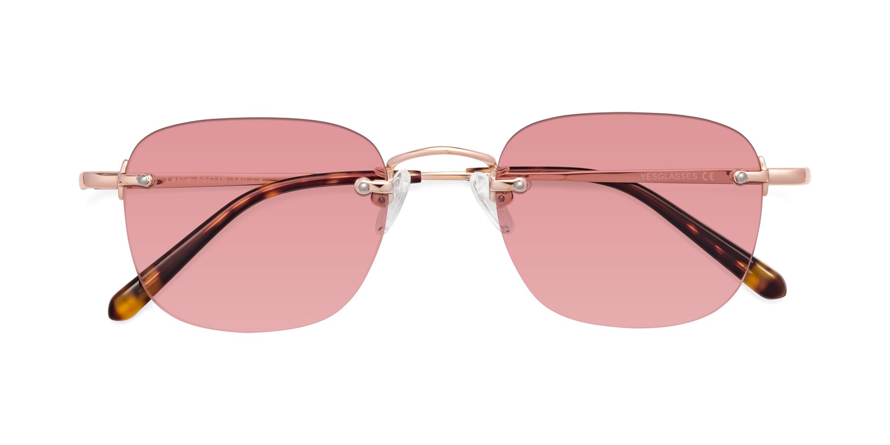 Folded Front of Leslie in Rose Gold with Medium Garnet Tinted Lenses