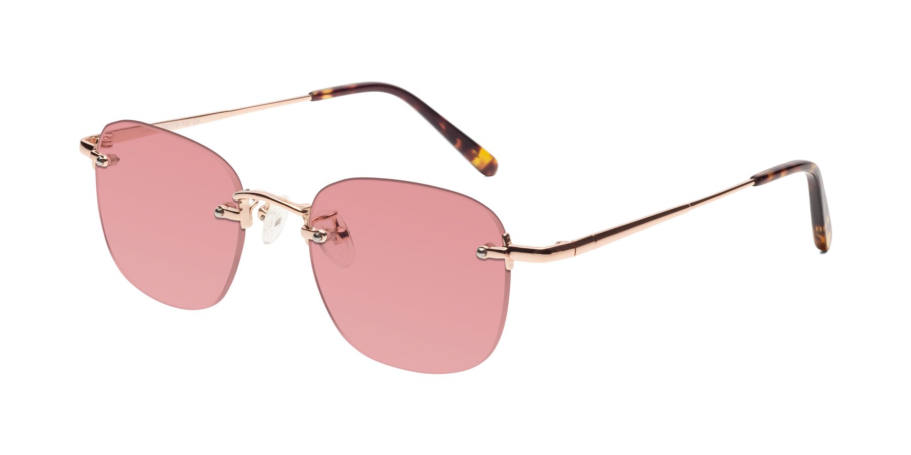 Angle of Leslie in Rose Gold with Medium Garnet Tinted Lenses