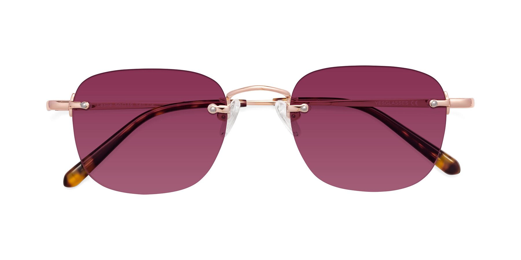 Folded Front of Leslie in Rose Gold with Wine Tinted Lenses