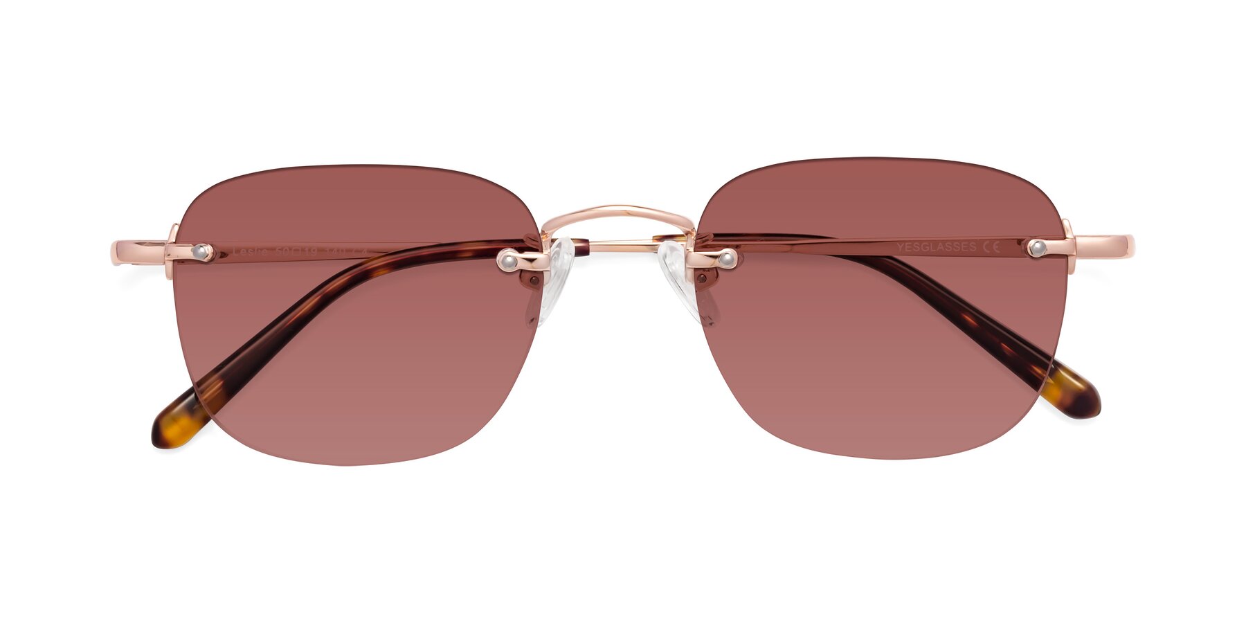 Folded Front of Leslie in Rose Gold with Garnet Tinted Lenses