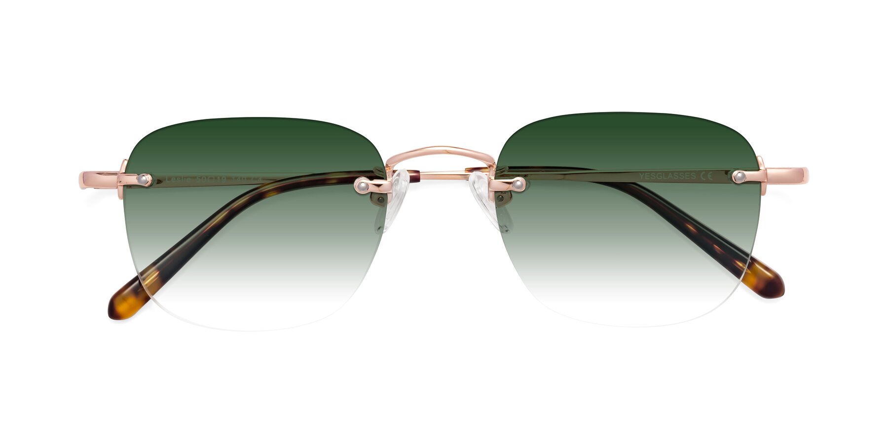 Folded Front of Leslie in Rose Gold with Green Gradient Lenses