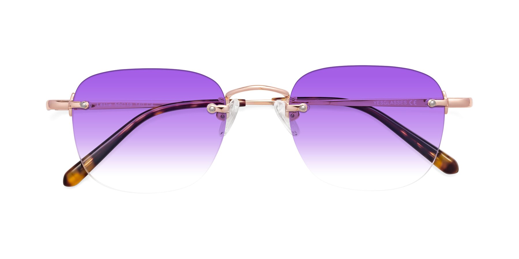 Folded Front of Leslie in Rose Gold with Purple Gradient Lenses