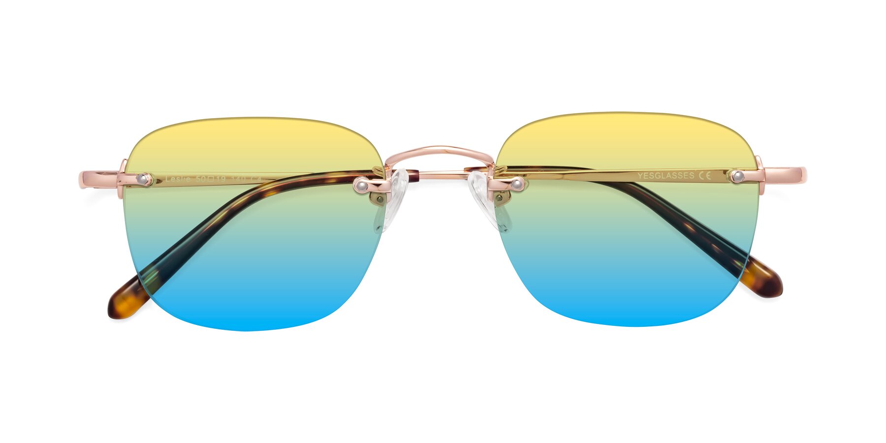 Folded Front of Leslie in Rose Gold with Yellow / Blue Gradient Lenses