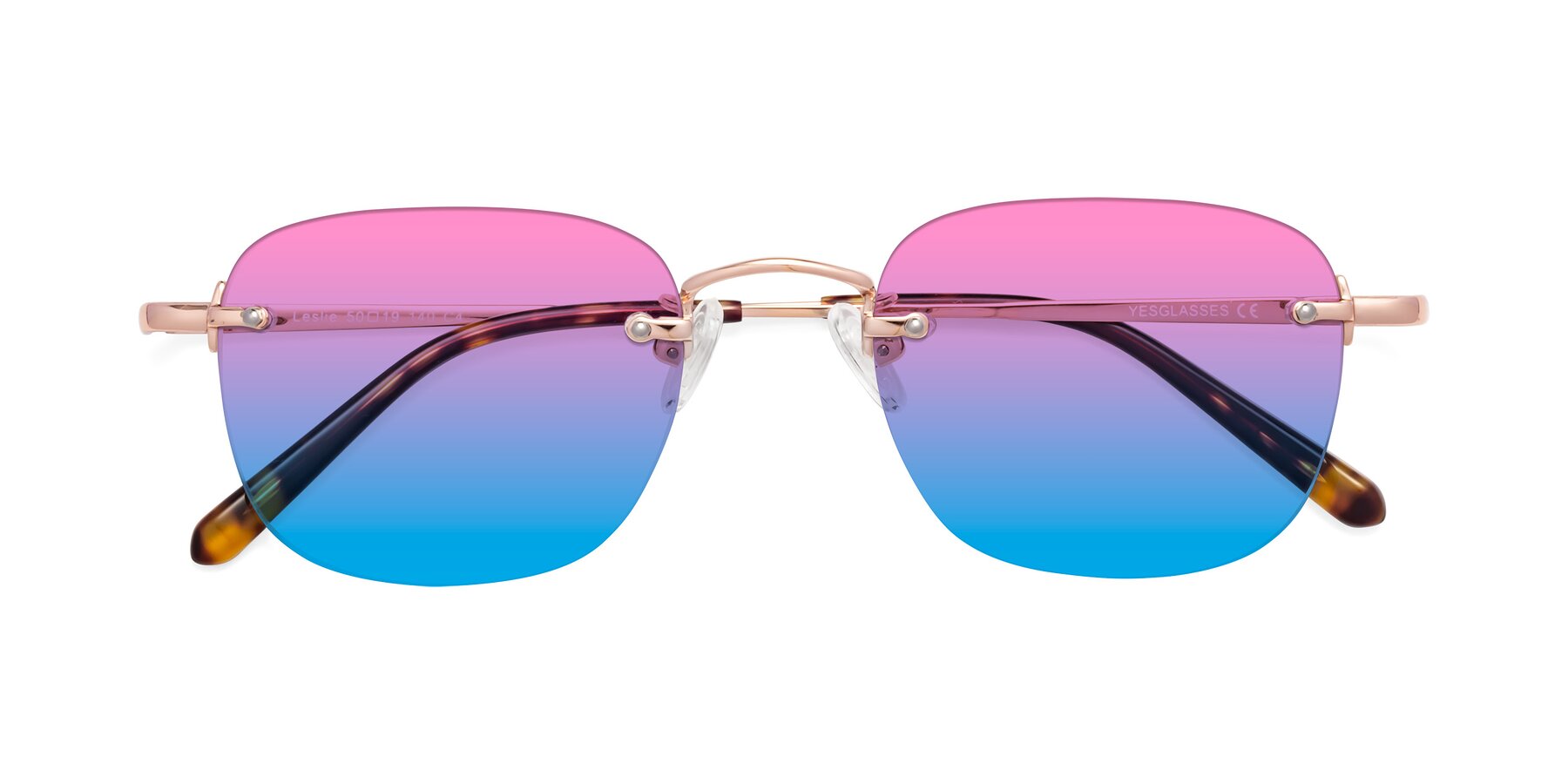 Folded Front of Leslie in Rose Gold with Pink / Blue Gradient Lenses
