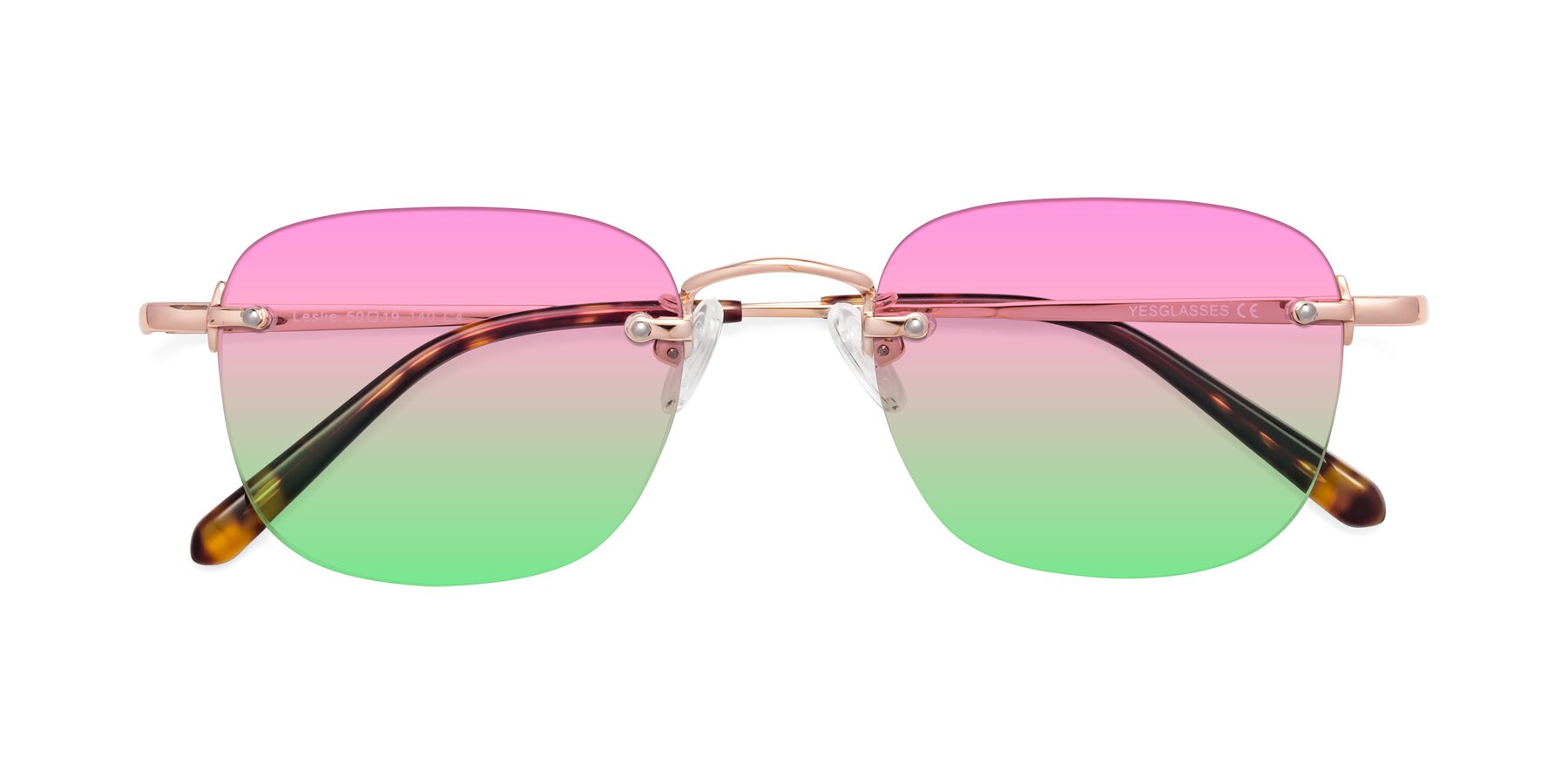 Folded Front of Leslie in Rose Gold with Pink / Green Gradient Lenses