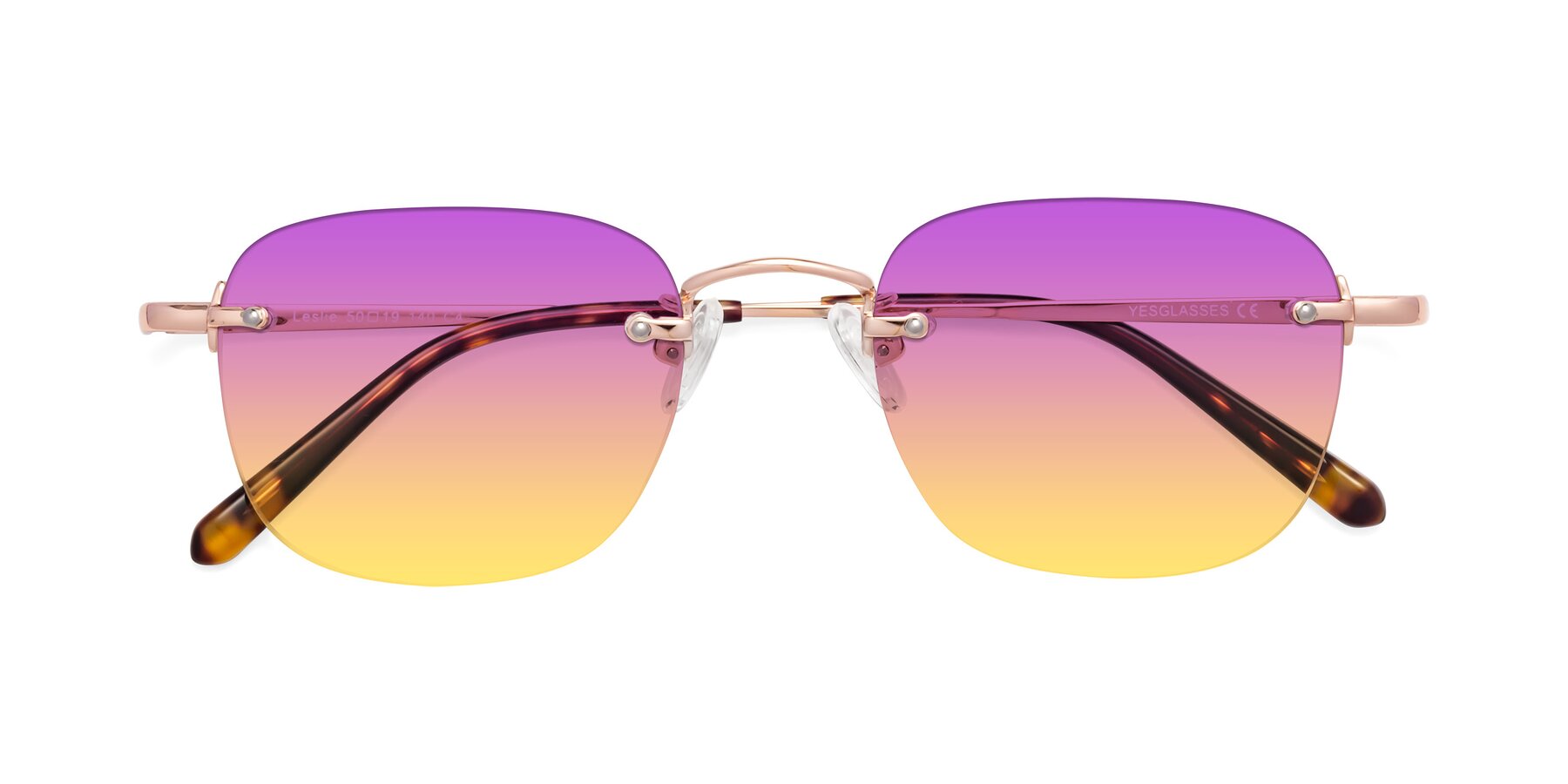 Folded Front of Leslie in Rose Gold with Purple / Yellow Gradient Lenses