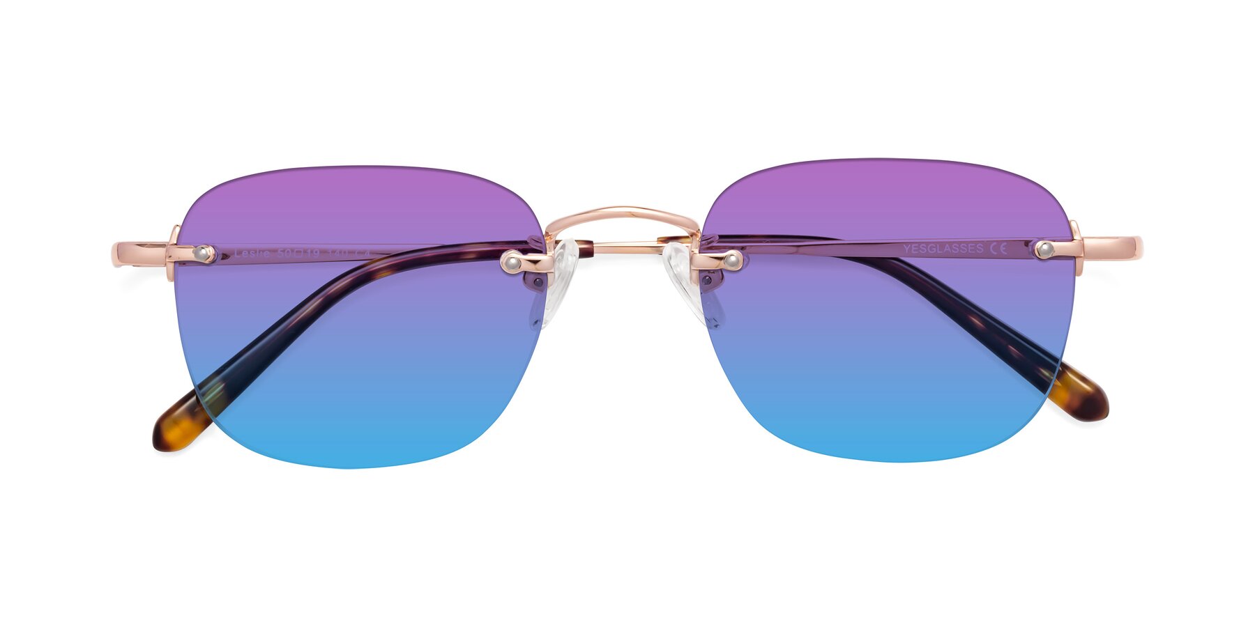 Folded Front of Leslie in Rose Gold with Purple / Blue Gradient Lenses