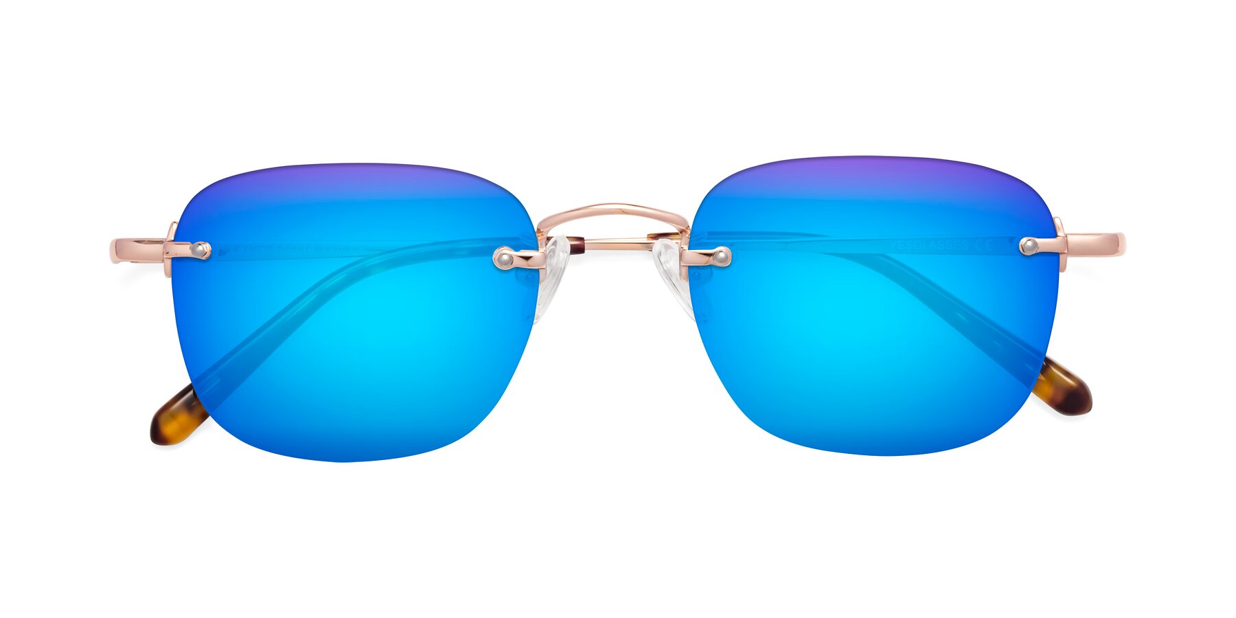 Folded Front of Leslie in Rose Gold with Blue Mirrored Lenses