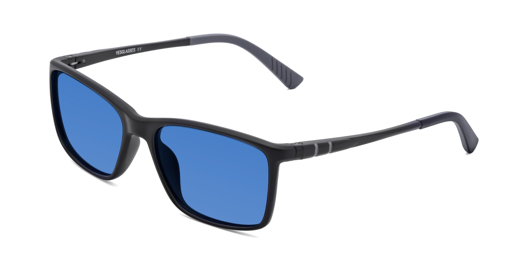 Angle of 9004 in Matte Black with Blue Tinted Lenses