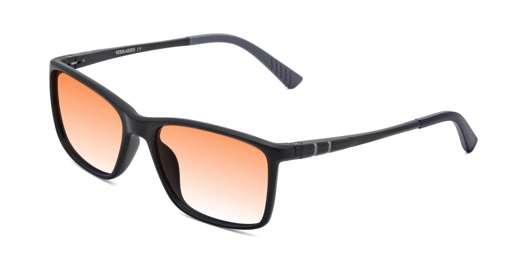 Angle of 9004 in Matte Black with Orange Gradient Lenses