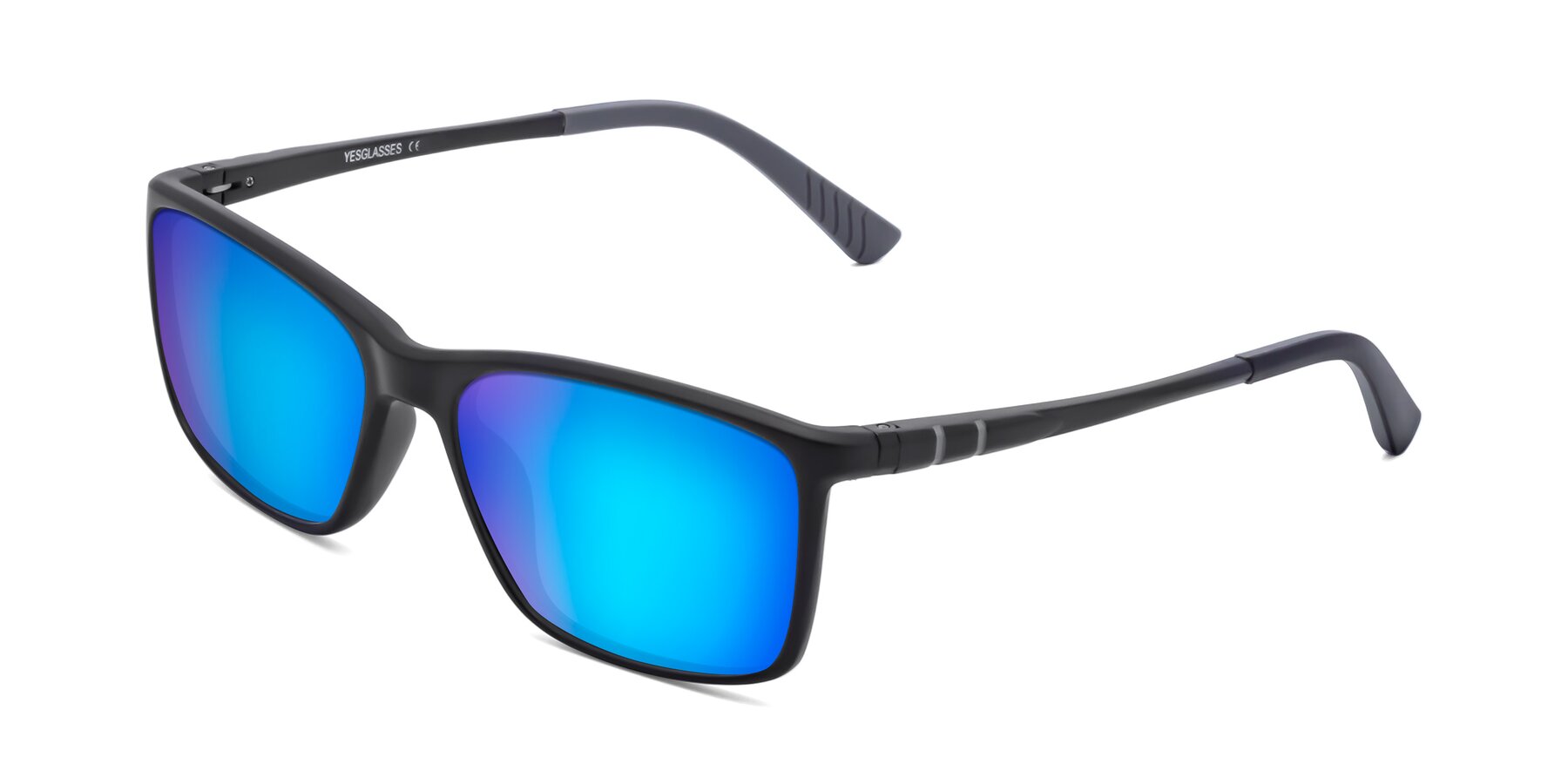 Angle of 9004 in Matte Black with Blue Mirrored Lenses