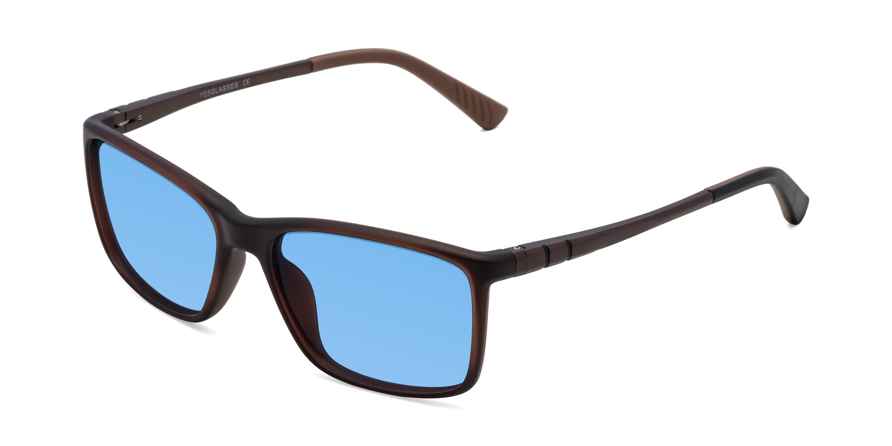 Angle of 9004 in Coffee with Medium Blue Tinted Lenses