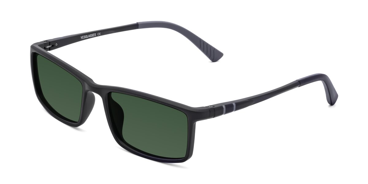 Matte Black Classic Tr90 Rectangle Tinted Sunglasses With Green Sunwear