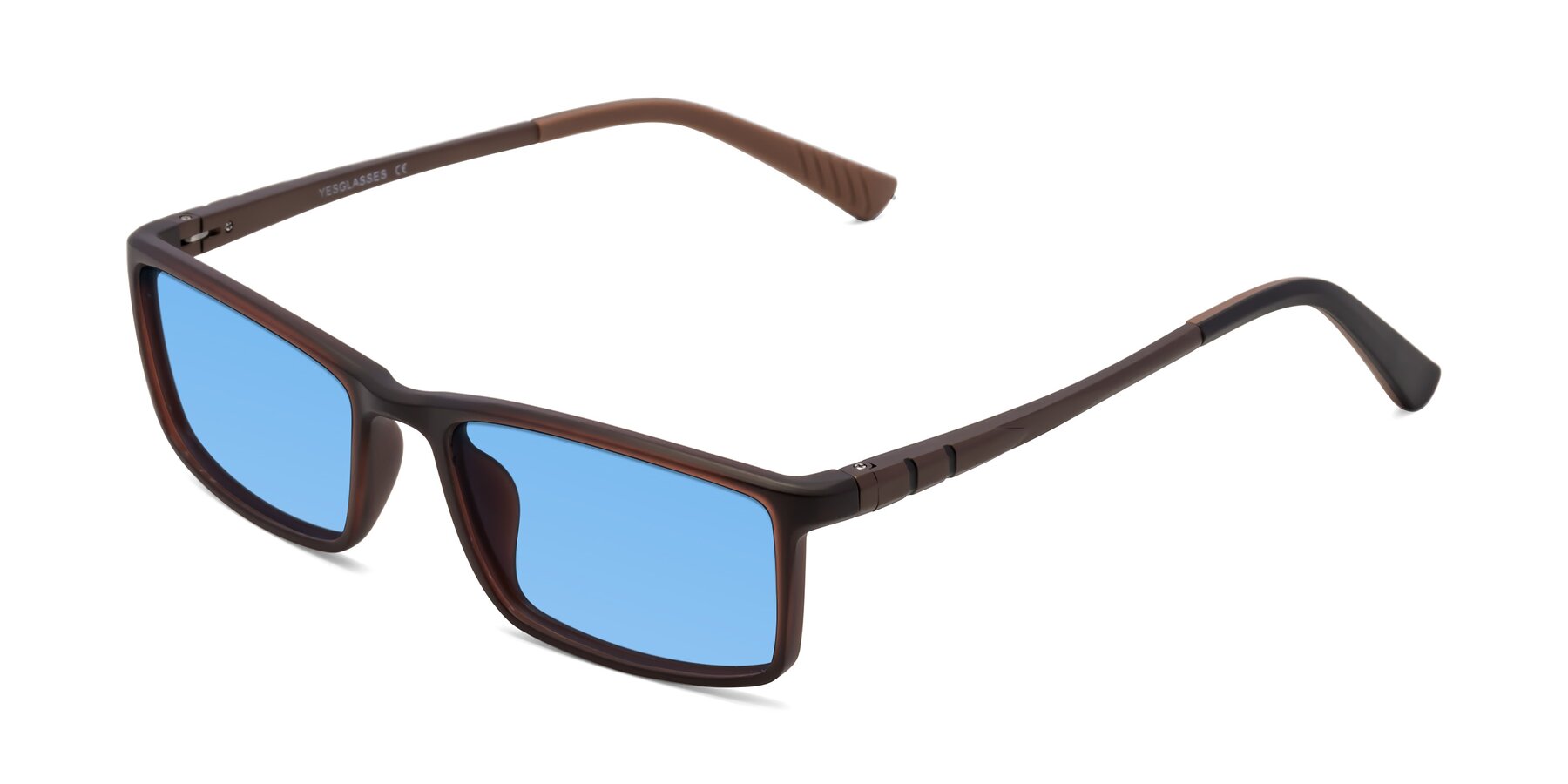 Angle of 9001 in Coffee with Medium Blue Tinted Lenses