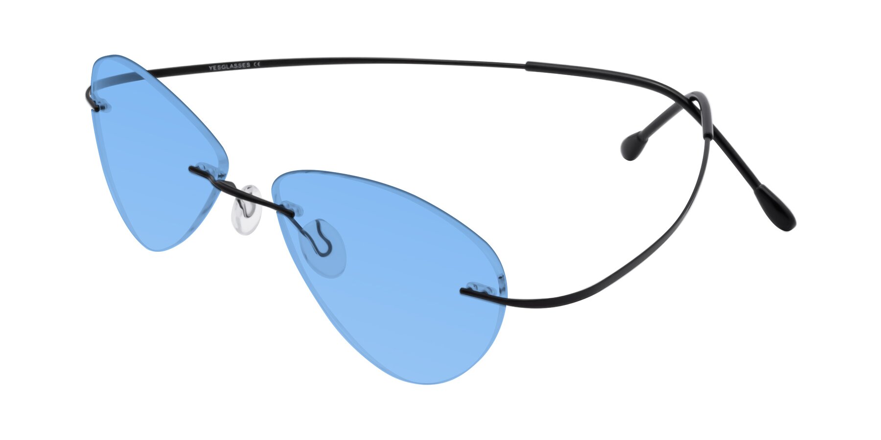 Angle of Thea in Black with Medium Blue Tinted Lenses