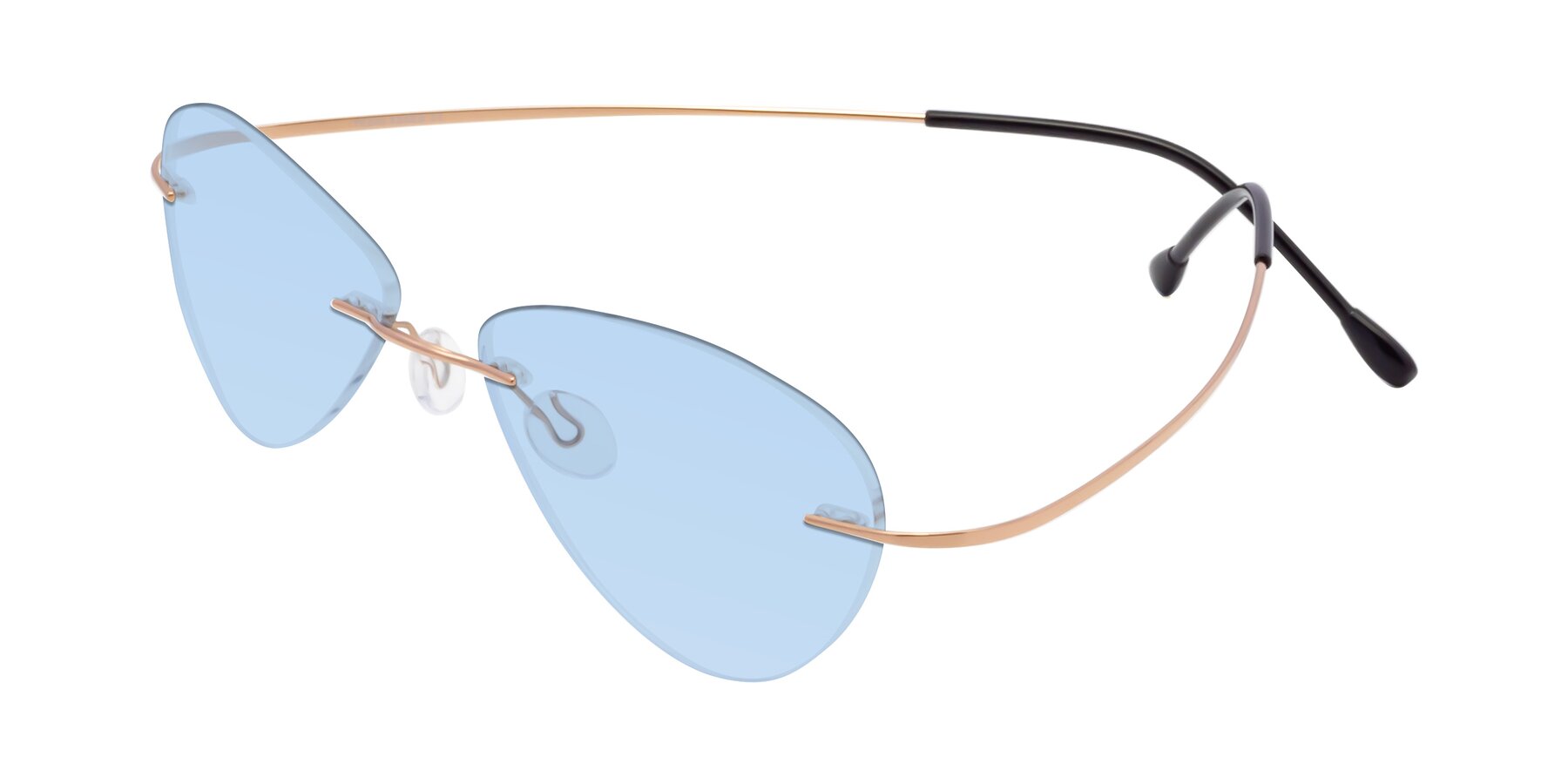 Angle of Thea in Rose Gold with Light Blue Tinted Lenses