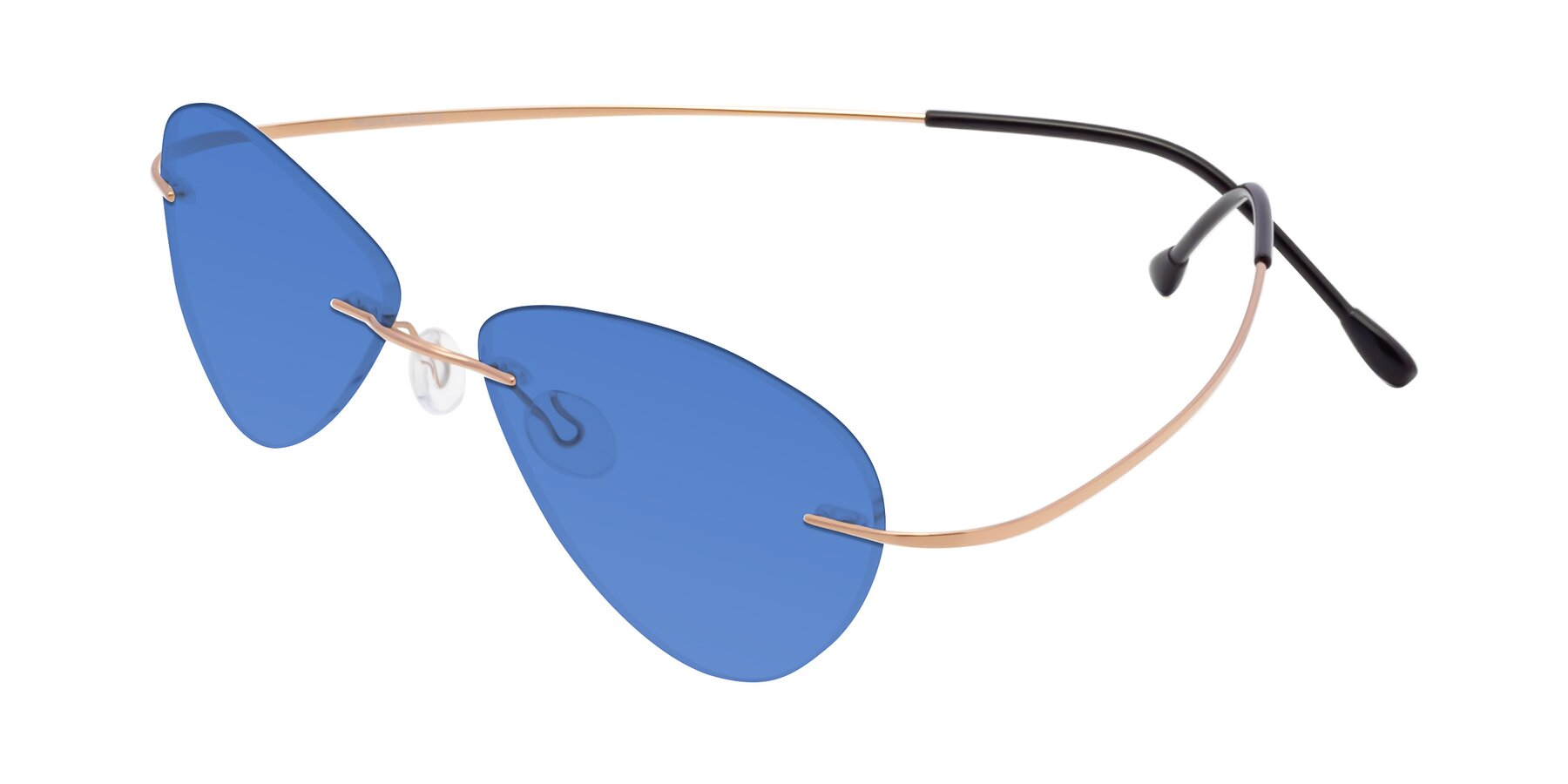 Angle of Thea in Rose Gold with Blue Tinted Lenses