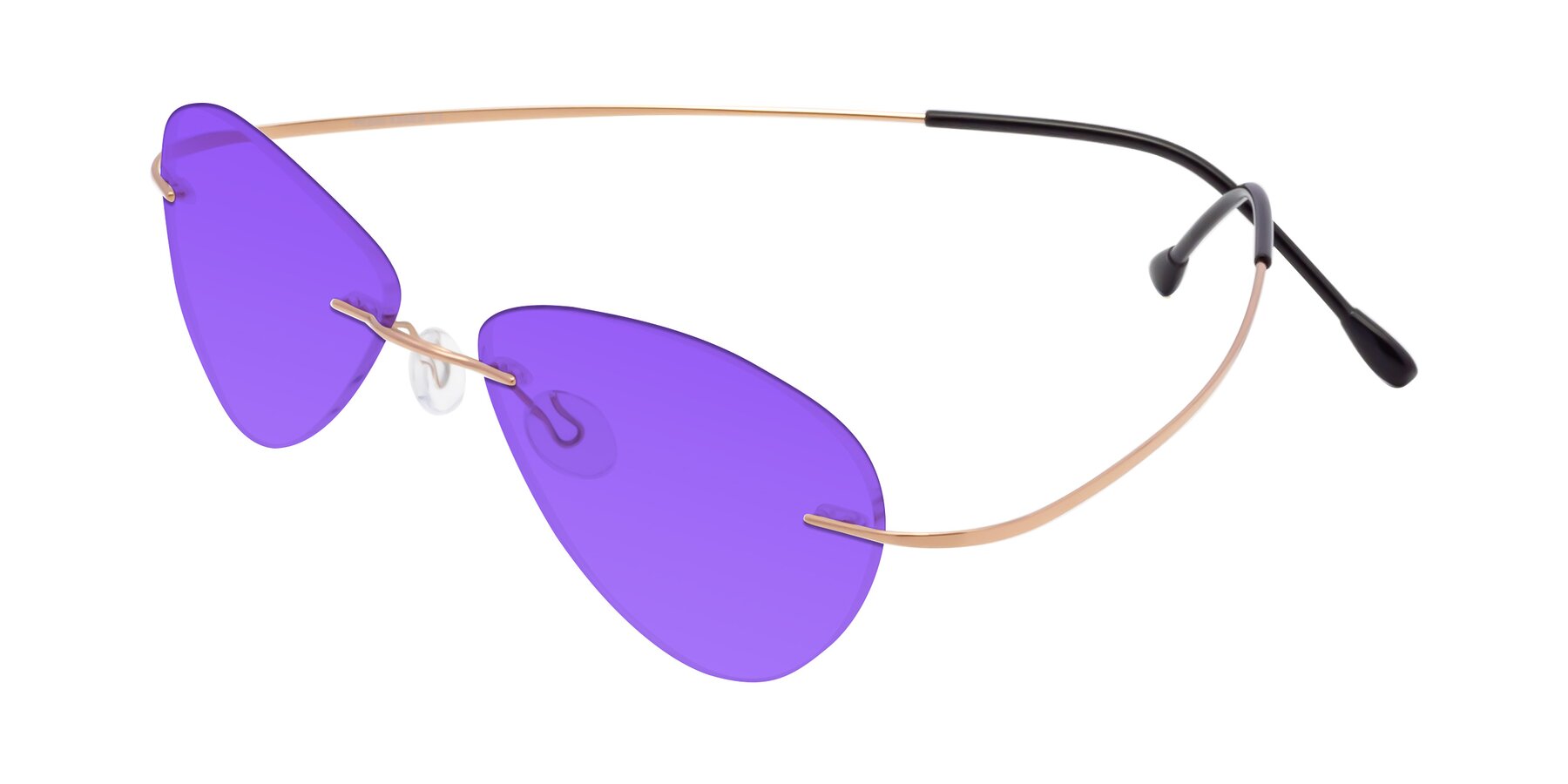 Angle of Thea in Rose Gold with Purple Tinted Lenses