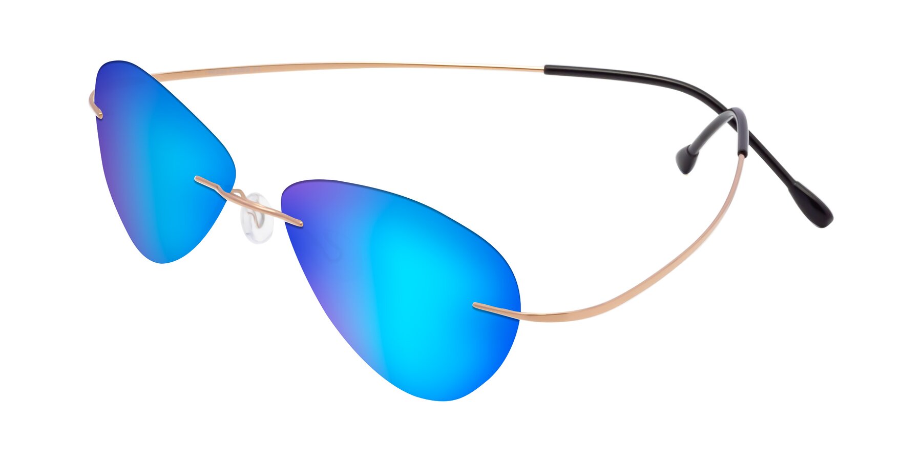 Angle of Thea in Rose Gold with Blue Mirrored Lenses