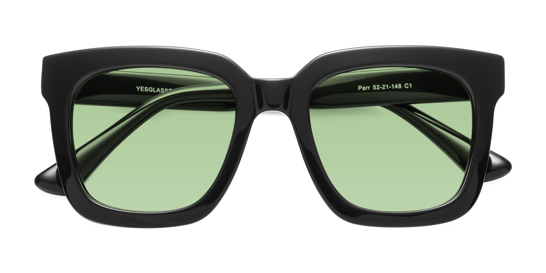 Folded Front of Parr in Black with Medium Green Tinted Lenses