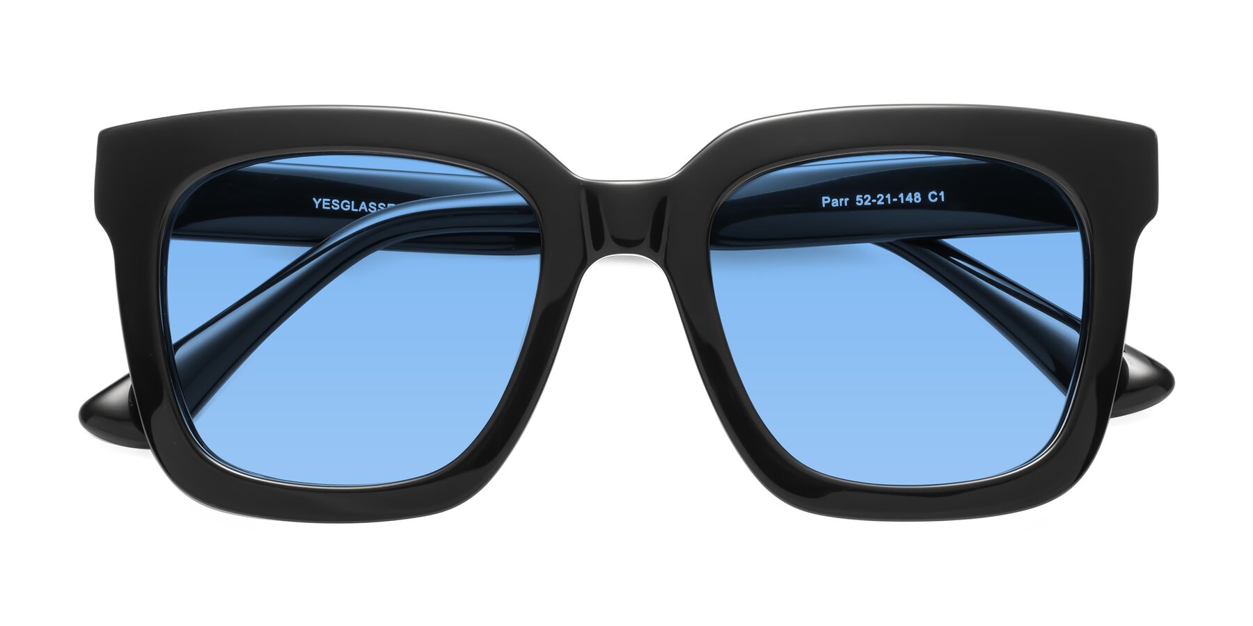 Folded Front of Parr in Black with Medium Blue Tinted Lenses
