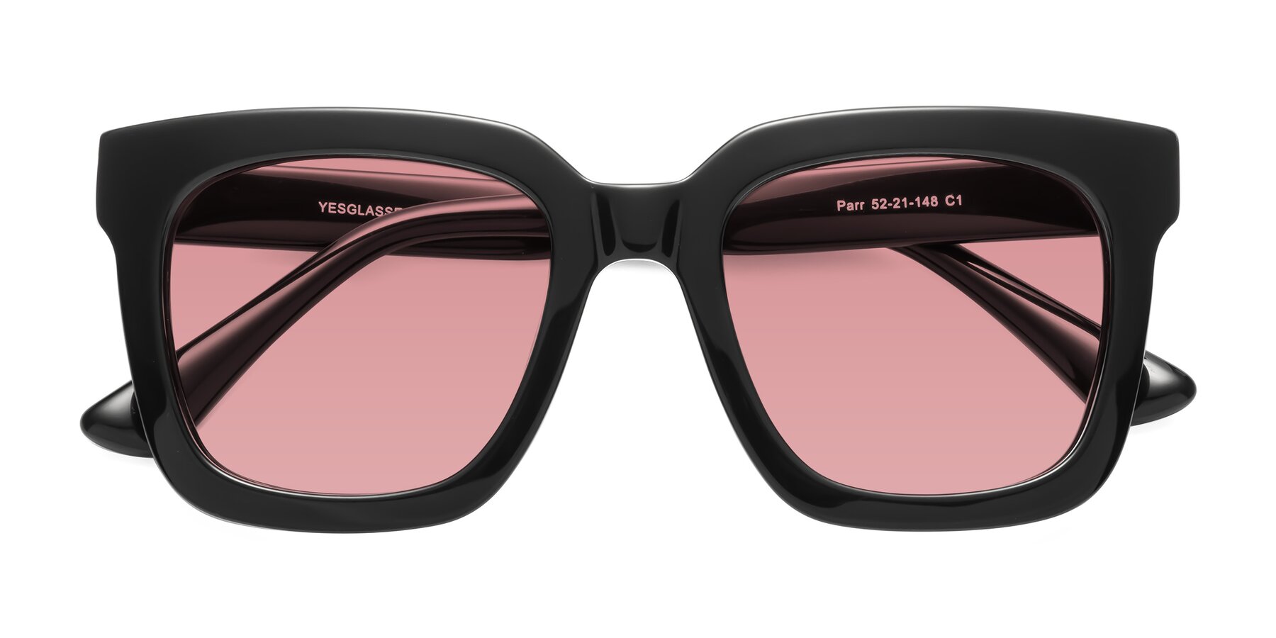 Folded Front of Parr in Black with Medium Garnet Tinted Lenses